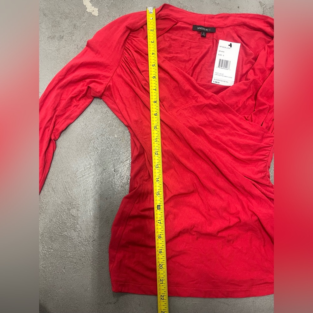 NWT Lafayette 148 Red Long Sleeve Ruched Faux Wrap Blouse V-Neck Sexy Y2K style - Picture 8 of 8
